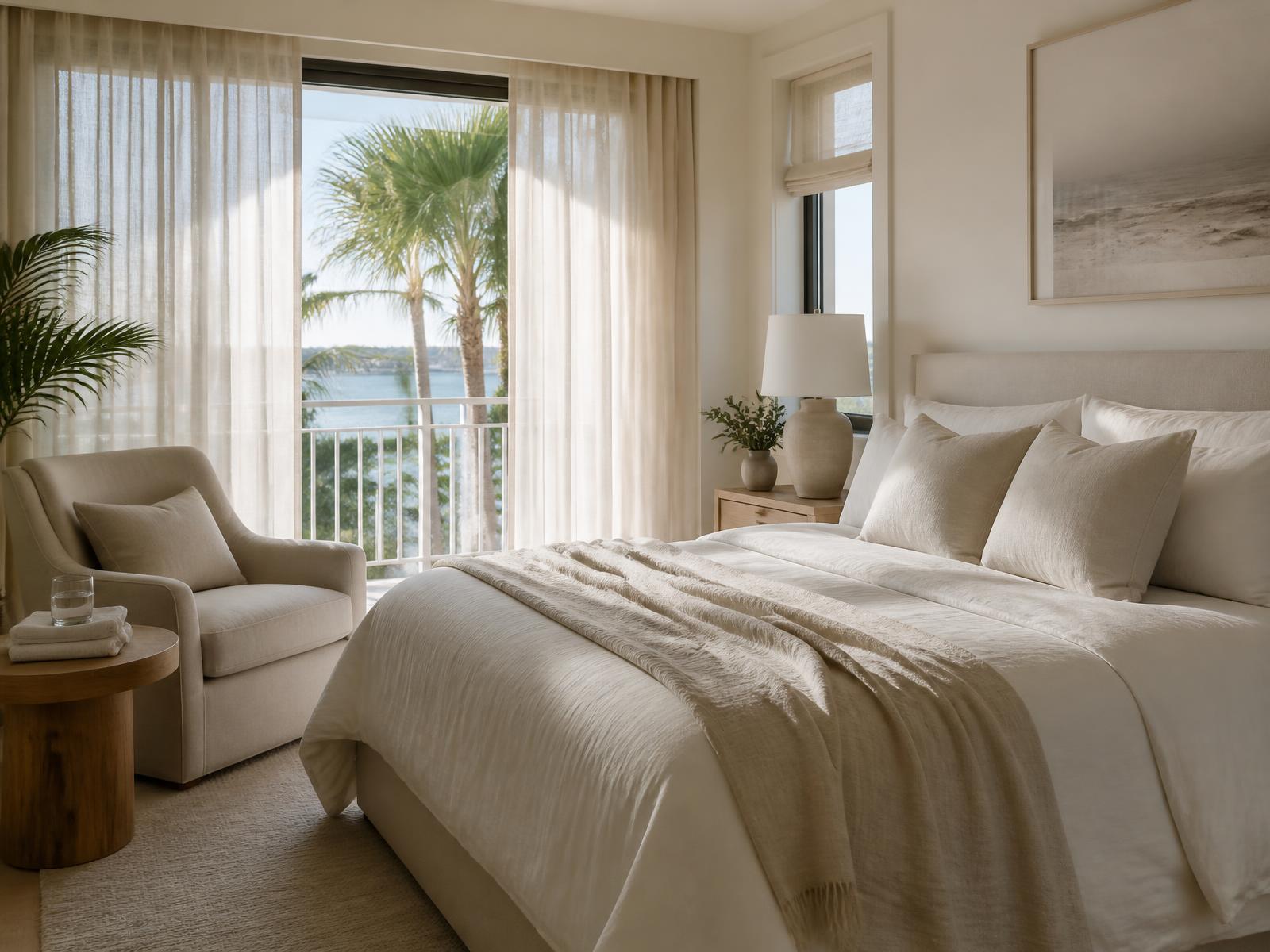 Sunlit private bedroom in a South Florida home prepared as a calm postoperative recovery space