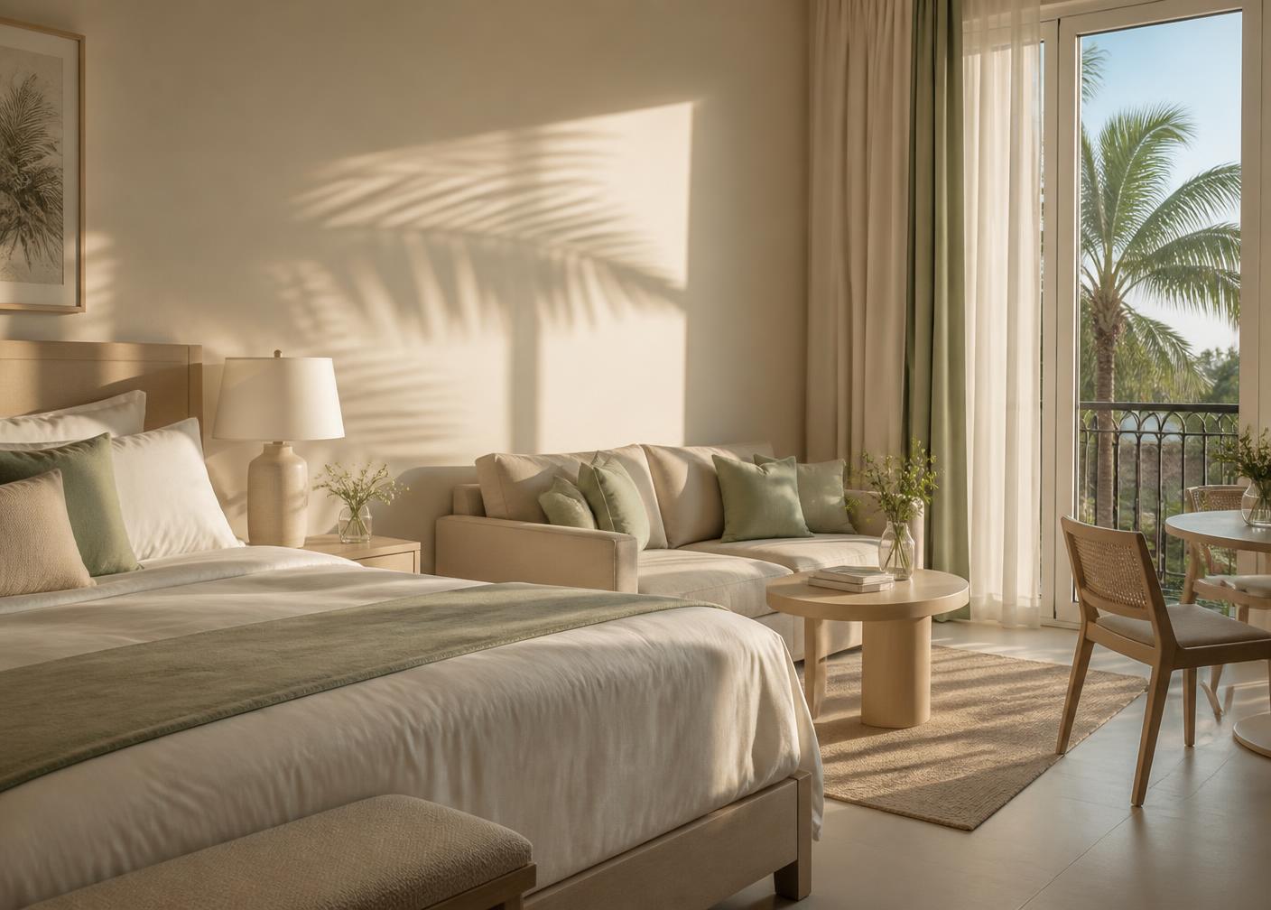 Quiet hotel suite with soft daylight, suitable for a private recovery stay