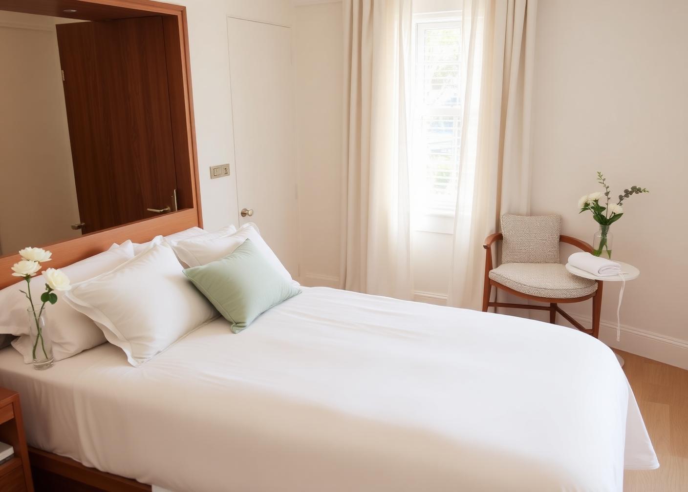 A serene, unoccupied recovery suite with a made bed and soft morning light in an upscale home